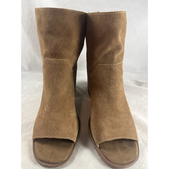 Lucky Brand Peep Toe Ryemi Topanga Tan Suede Booties Block Heels US Size 8.5 M - Picture 3 of 8